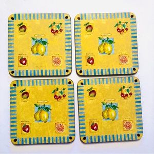 New Vintage Coasters Bar Accessory, Cork Back, Lemon & Fruit Design, Set of 6